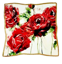 26"X26"Red Flowers Print Pure Mulberry Satin Silk 12momme Scarf 65x65cm5-40