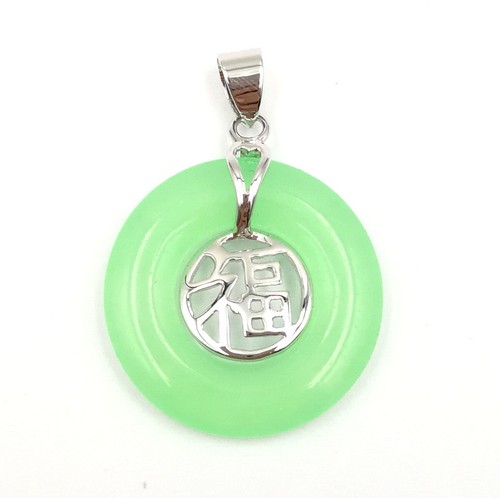 Light Green Colorful Jade Circle Donut 18KGP Happiness Fortune Pendant Necklace - Picture 3 of 59