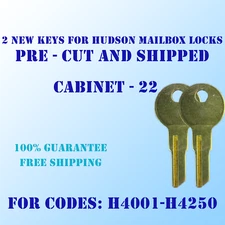 H4001-H4250. 2 New keys for Hudson mailbox locks, pre cut to your code.
