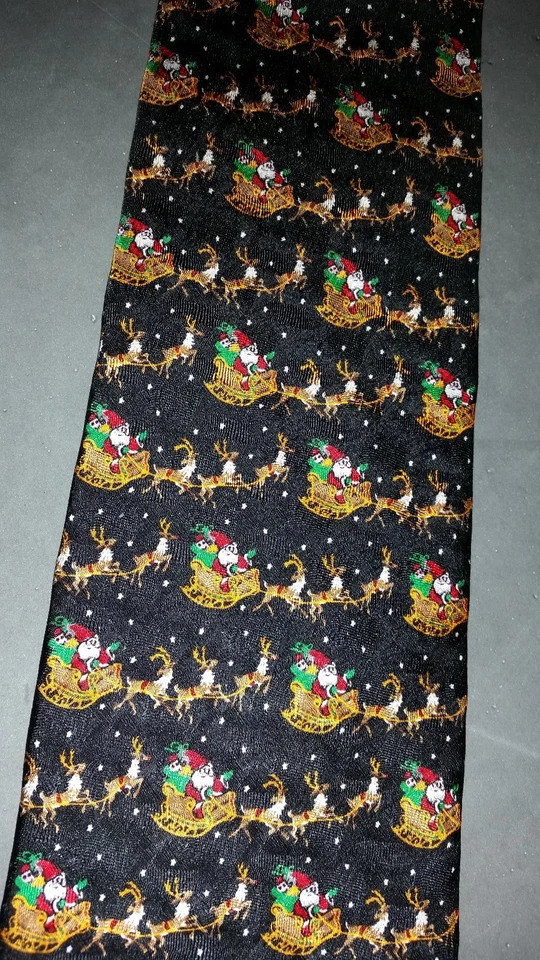 Christmas Men's Tie  by J. Z. Richards 100% Black Silk Santa Sleigh Reindeer USA - Image 2 of 4