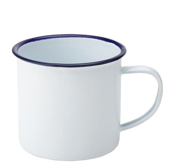 8cm WHITE ENAMEL MUG W/BLUE RIM PERFECT FOR CAMPING CLEARANCE