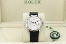 Rolex Cellini Date 39mm, Silver Guilloche Dial - 18kt White Gold on Strap, 50519