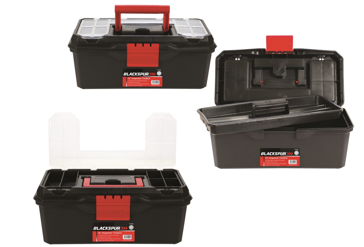 Tool Box Organiser with Lid Compartments and Tray | 13"" Heavy Duty Black Plastic
