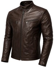 Chaqueta de cuero genuino marrón para hombre para motocicleta café corredor motociclista cuello alto abrigo