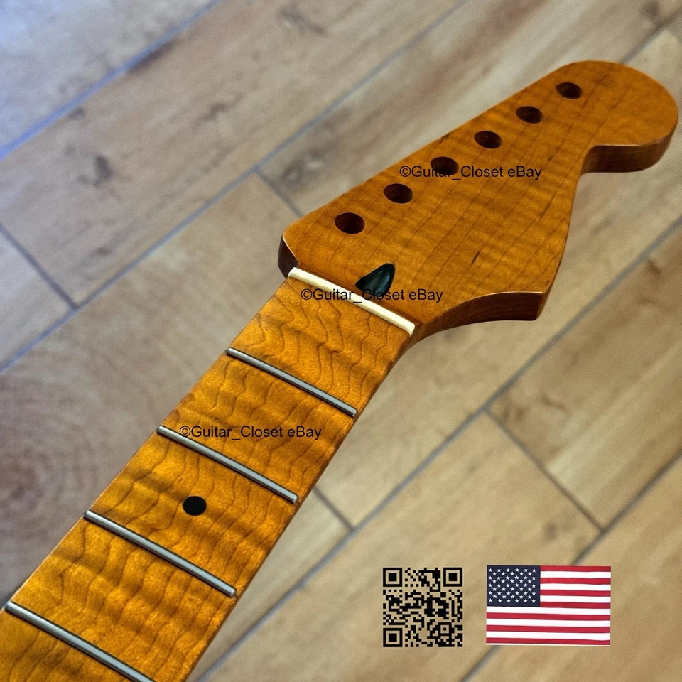 Cuello de guitarra Strat de acero inoxidable de arce con llama tostado nitro satinado se adapta a Fender SM22BL Foto 2 de 4
