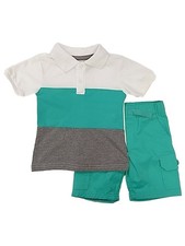 Toddler Boys Green Stripe Polo Shirt Shorts 2 Piece Summer Outfit Set 2T