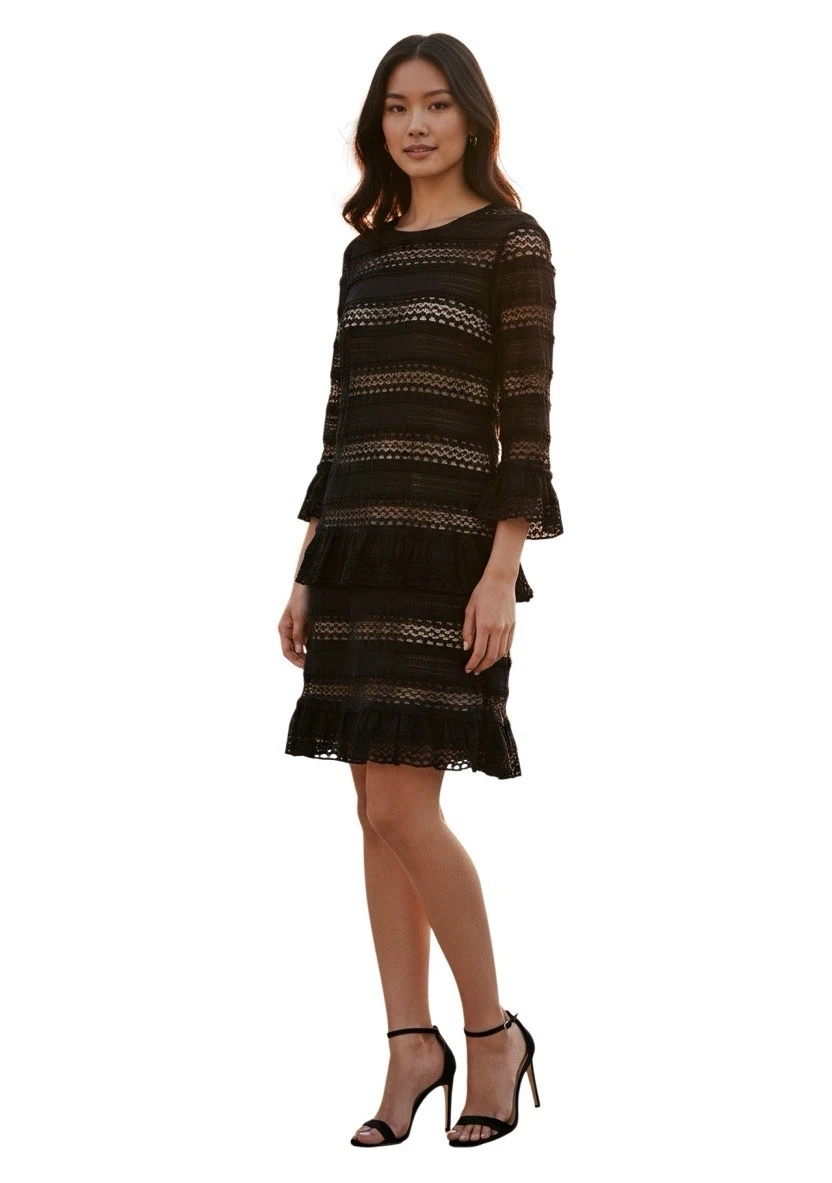 max studio black lace dress Max Studio Black Mini Dress Tunic Nylon Lace Lined Boat Neck 3/4 Sleeve Size M