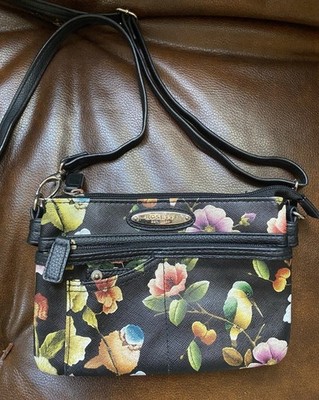 Rosetti Anita black and floral Crossbody Bag, Tan, Many Compartments, 8'' x 6''