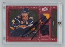 2009-10 UD Treasure Swatch jersey patch hand sign on sleeve Jason Pominville