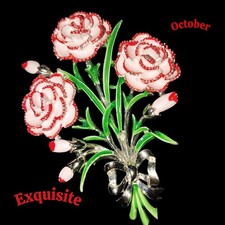 Vintage Exquisite Brooch Pink Enamel Flower Mid Century Signed Birthday Series