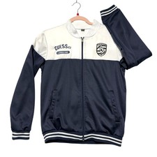 Guess 03 Boys Size L Full-Zip Navy White Jacket Embroidered Logos Side Pockets