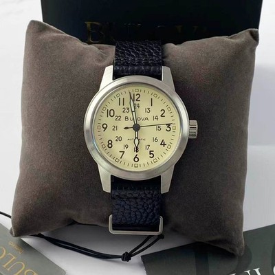 Bulova Hack Men's Automatic Watch Ivory Dial Black Leather Strap 96A246 38mm