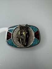 Vintage Metal 3D Horse Head Belt Buckle Southwestern Turquoise