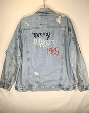 Vintage Tommy Hilfiger 1985 Distressed Denim Jacket Lg Sew Space Trucker Coat
