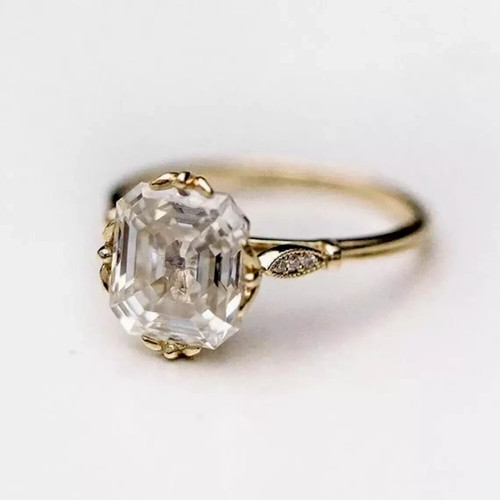 4Ct Art Deco Style Asscher Cut Lab Created Diamond Engagement 14K Gold FN Ring