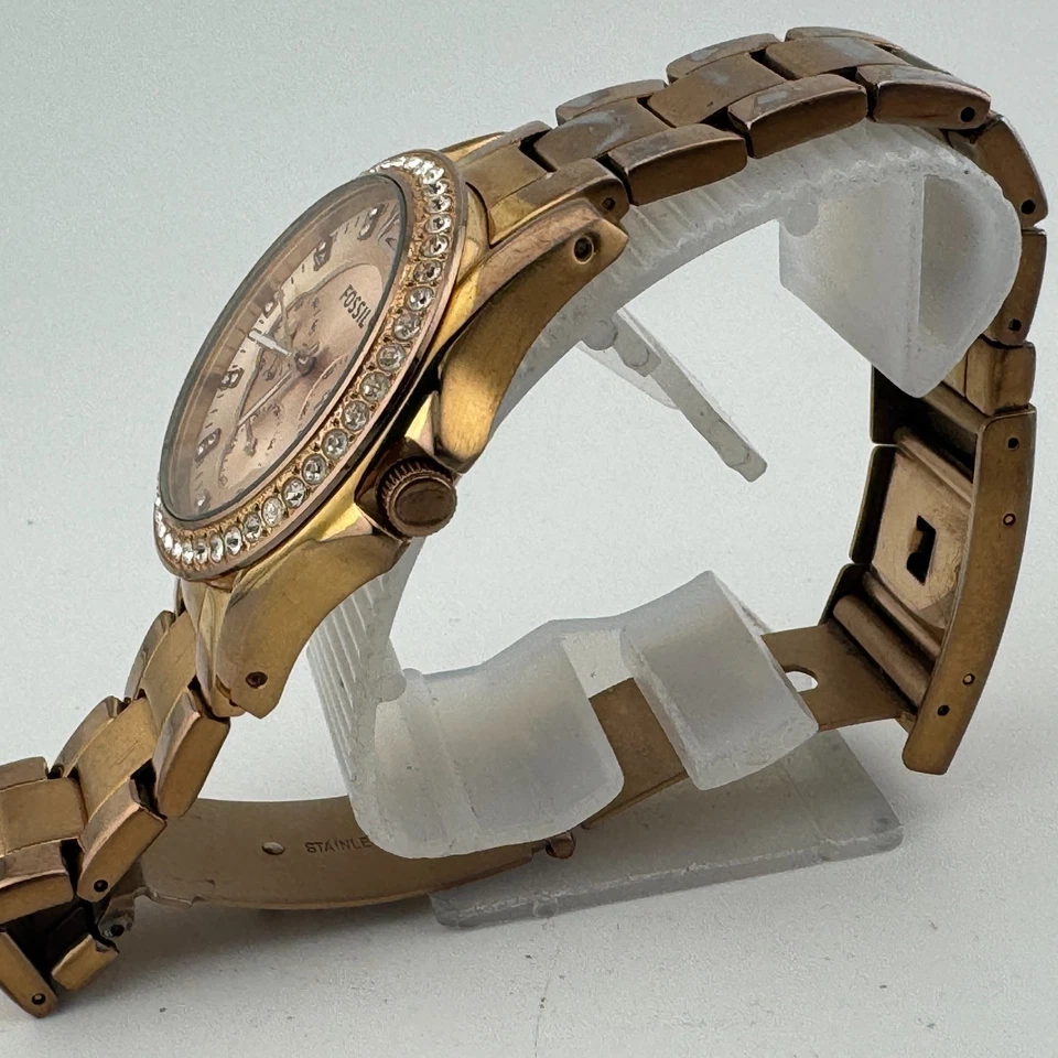 Fossil 石英手表 ES-2611 女士 100 米玫瑰金钢制 Day Date 全新电池 — 第 4/4 张图片