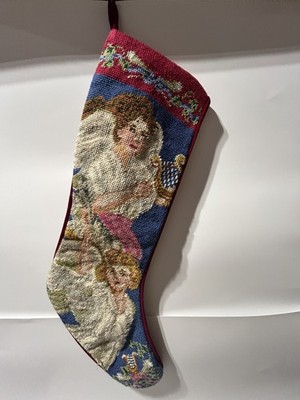 Vintage Needlepoint Stocking Two  Angels  Lyre Christmas Dark Red Velvet Back
