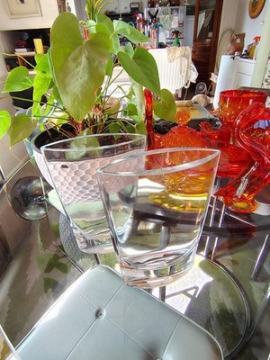 Pair LSA Poland Crystal Eye-Shaped Flattened Fanning Floral Vases w/ Lables