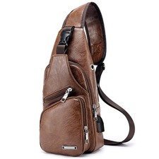 Leather Mens Crossbody Sling Bag Chest Backpack With USB Charging Port Travel...