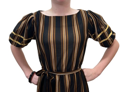 Sz S~M Vtg 70s Stripe Dress Secretary Puff Sleeve Tie Belt Brown Cream Black - Picture 4 of 7