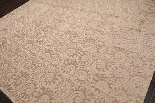 Hand Woven Wool & Silk Aubusson Savonnerie Floral Area Rug Tan 9'2'' x 11'10'' - Picture 4 of 10