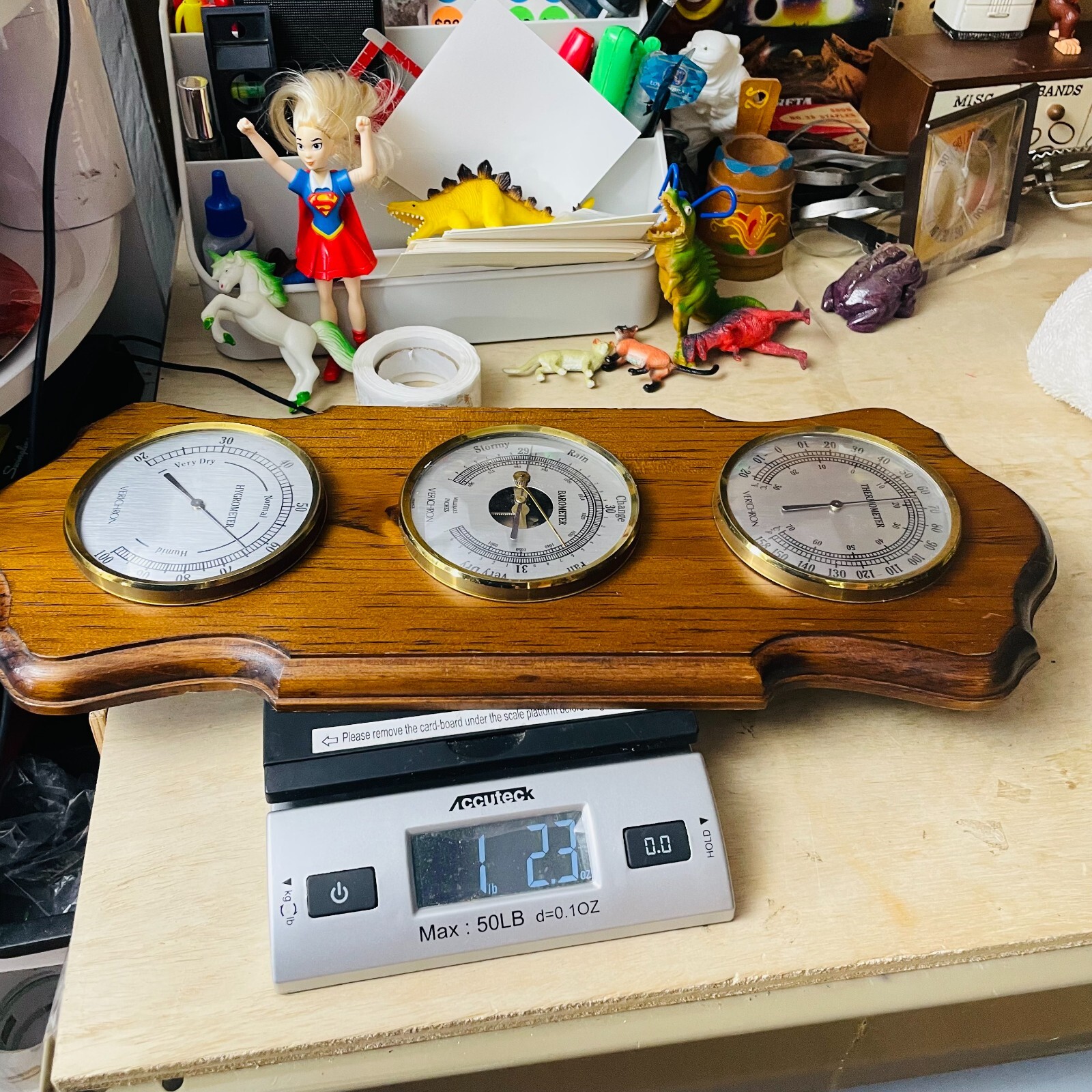 Vintage MCM Verichron Solid Wood 3 Guage Weather Station Vertical Wall Mount
