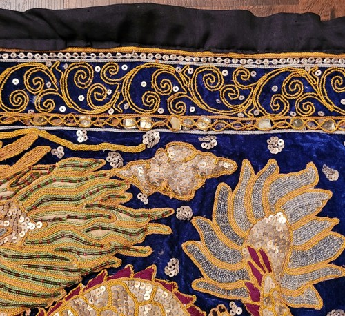Asian Dueling Dragons Kalaga Tapestry -Beads/Sequins 41x18” Blk Silk/BlueVelvet - Picture 12 of 17