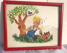 Sweet original 40s painting boy dog tree  Muriel Overly for "moms kitchen"
