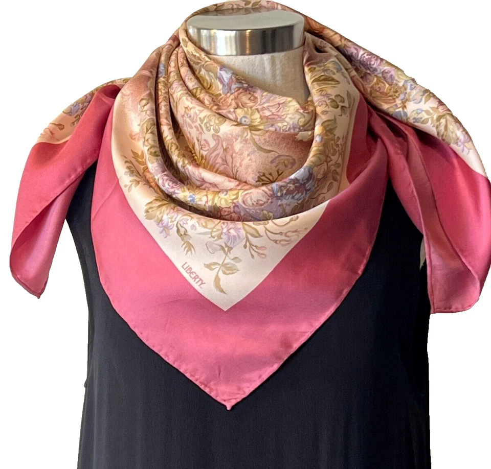 Bufanda Liberty London rosa/azul floral 100 % sarga seda 88x88 cm dobladillos enrollables Foto 4 de 4