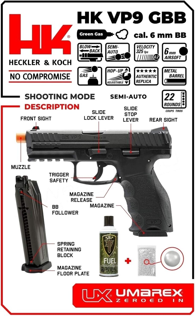 Umarex H&K VP9 Blowback Airsoft Pistol w/ Green Gas & BB Bundle
