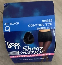 L'eggs Sheer Energy Control Top No-Roll Waistband Free JET BLACK Sz Q 92882