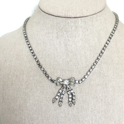 ★ROSEMONT★ Silver Ribbon Necklace RA24C36K Vintage Parco Designer Clear Ice Rhinestone Silver Tone Bow