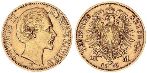 Bavaria 20 Marks 1873 D Ludwig II. SS 125050