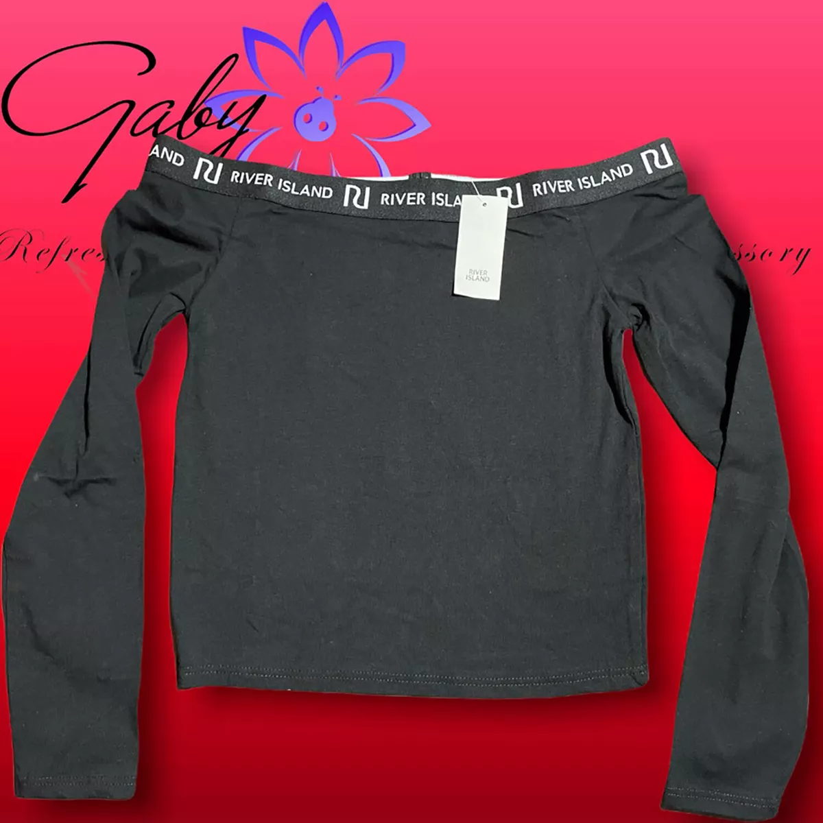RIVER ISLAND Girls Off Shoulder Long Sleeve Crop Top Black Size 9 10 Yrs