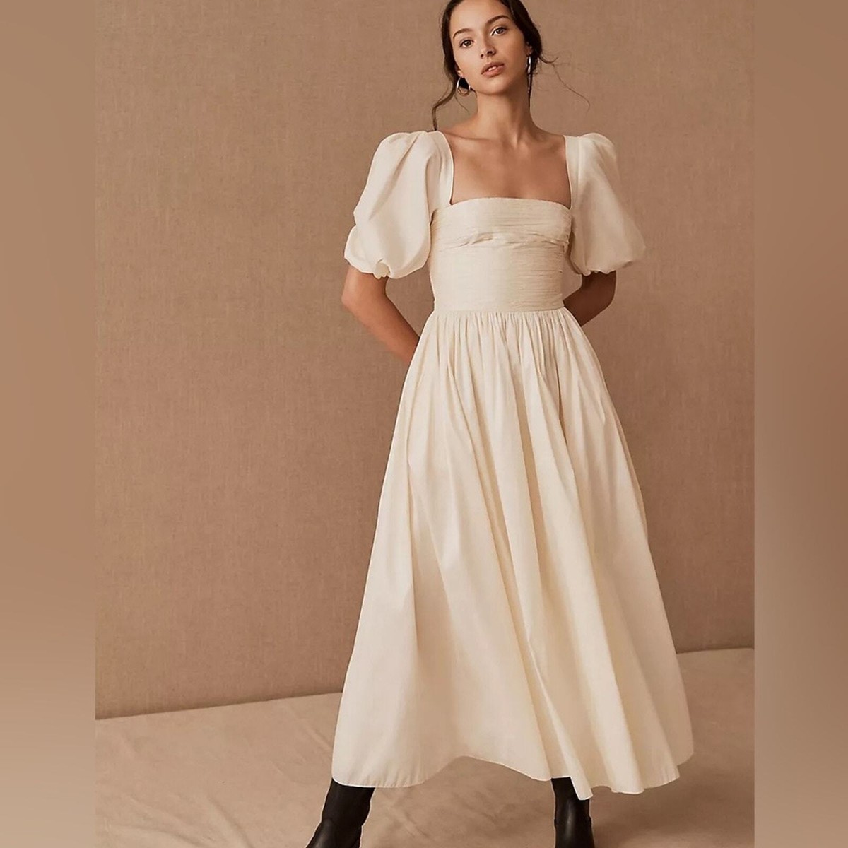 BHLDN Sachin & Babi Ivory Ruched Puff Sleeve Emile Midi Gown Size 10 | eBay