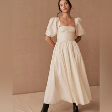 BHLDN Sachin & Babi Ivory Ruched Puff Sleeve Emile Midi Gown Size 10