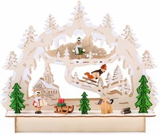 Wooden Candle Bridge Winter Forest Scene w. Church LED Light Arch Hand Painted