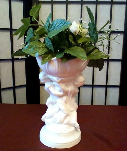 VINTAGE CERAMIC CHERUB COMPOTE PEDESTAL FLOWER ARRANGEMENT HOLLYWOOD REGENCY MCM - Picture 10 of 16