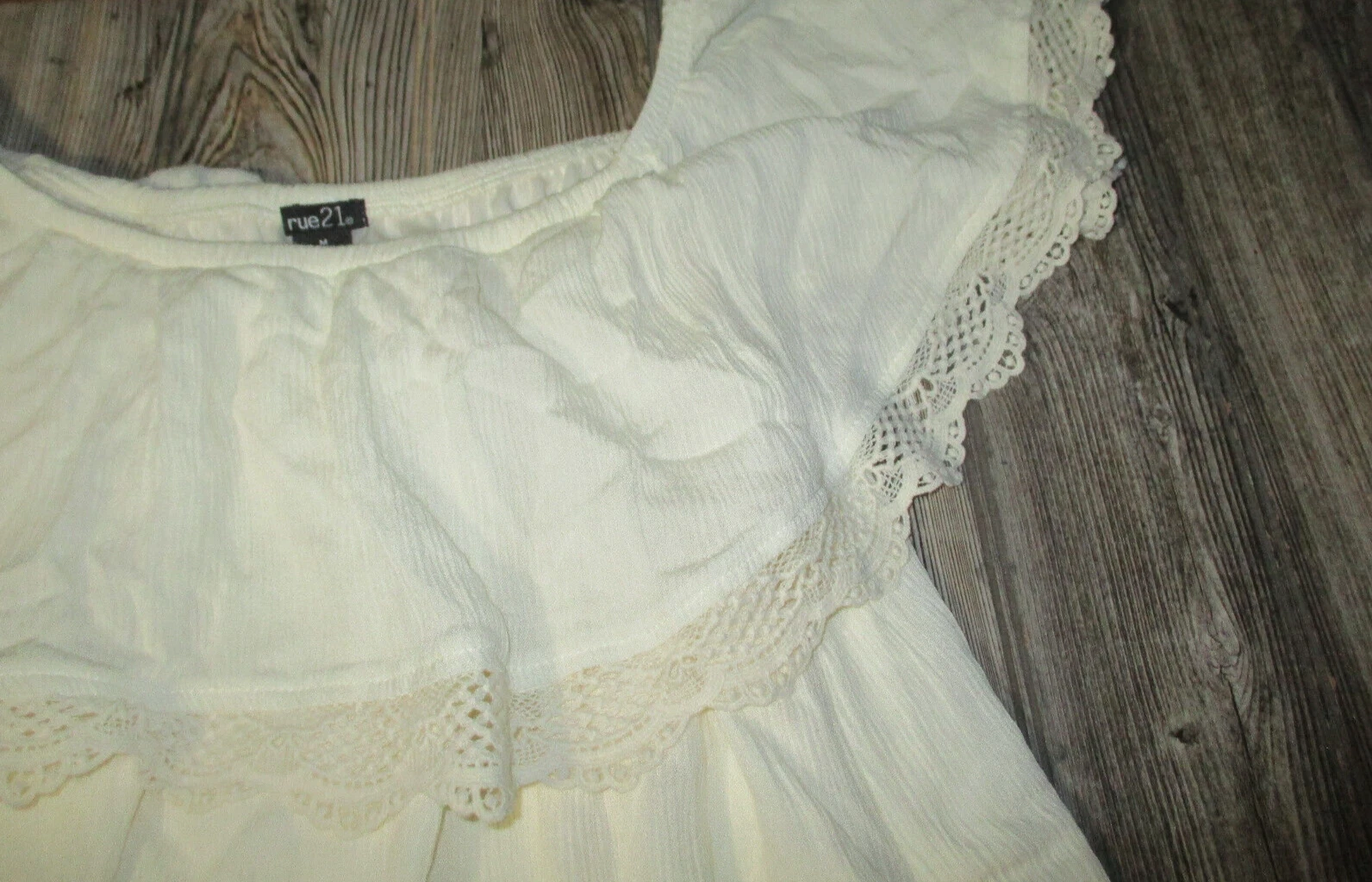 OFF WHITE Abito donna Rue 21 medio bianco sporco pizzo uncinetto spalle scoperte boho coquette