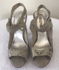 Michael Kors 6M Platform Tan Snake Print Leather T Logo Side ZipStilletto Sandal