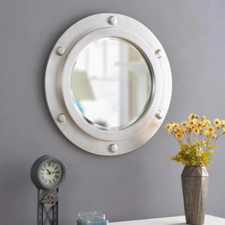 Unique Round Porthole Mirror Nautical Weathered Steel Finish Frame Modern Accent