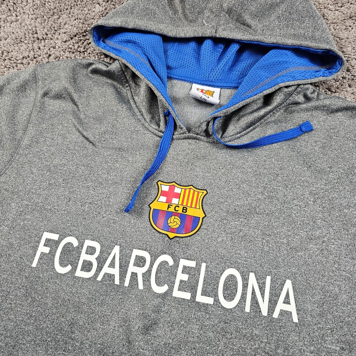 FC Barcelona Hoodie Men Large L Gray Fleece Pockets Breathable