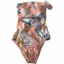 Kona Sol Womens Small Peach Blue Marigold Floral Strapless Laceup Swimsuit 2327