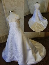 White Sz 4 Satin A-Line Flower Girl Dress ,Spaghetti Straps Embroidered Train