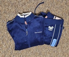 Juicy Couture Women's Blue Velour 2-Piece Tracksuit Zip Jacket Pants Size L