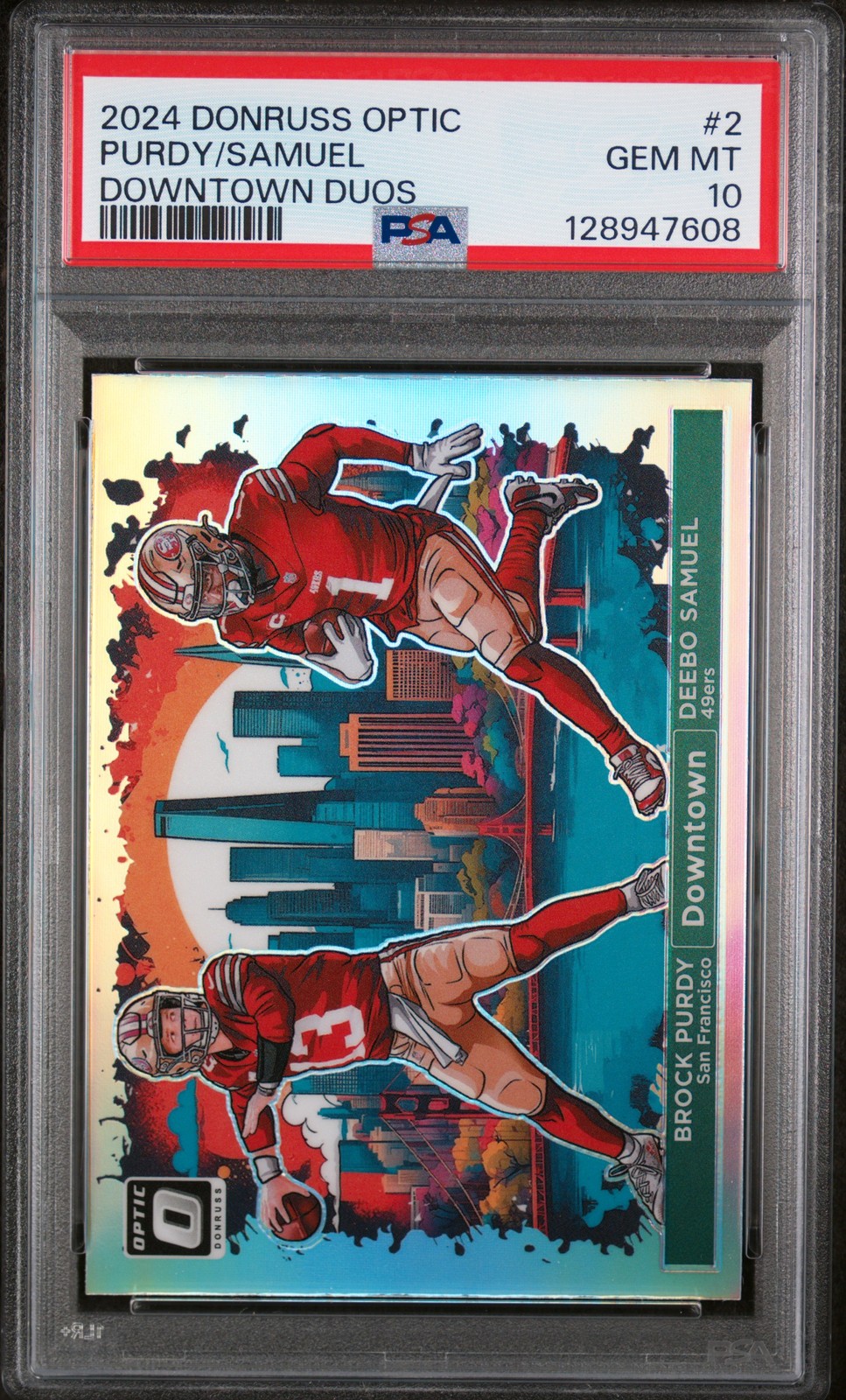 2024 PANINI DONRUSS OPTIC DOWNTOWN DUOS #2 BROCK PURDY/DEEBO SAMUEL PSA 10