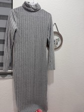 Gray Knit Striped Turtleneck Long Sleeve Midi Sweater Dress for Women