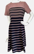 Ann Taylor Dress Size 6 Fit Flare Crew Short Sleeve Blue Makeup Stripe Zip EUC