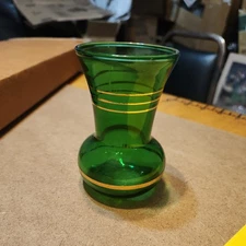 Vintage Green Glass Bud Vase Gold Band Trim 3 7/8" Y30