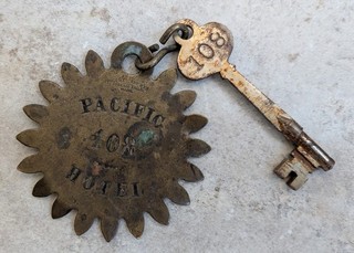 Pre 1889 Antique Brass Fob with Skeleton Key #108 Pacific Hotel Spokane Falls WA